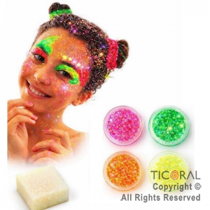 KIT MAQUILLAJE ARTISTICO FLUO CON GLITTER AMARILLO FUCSIA NARANJA Y VERDE ( 8 GR) + ESPONJA (19-01)